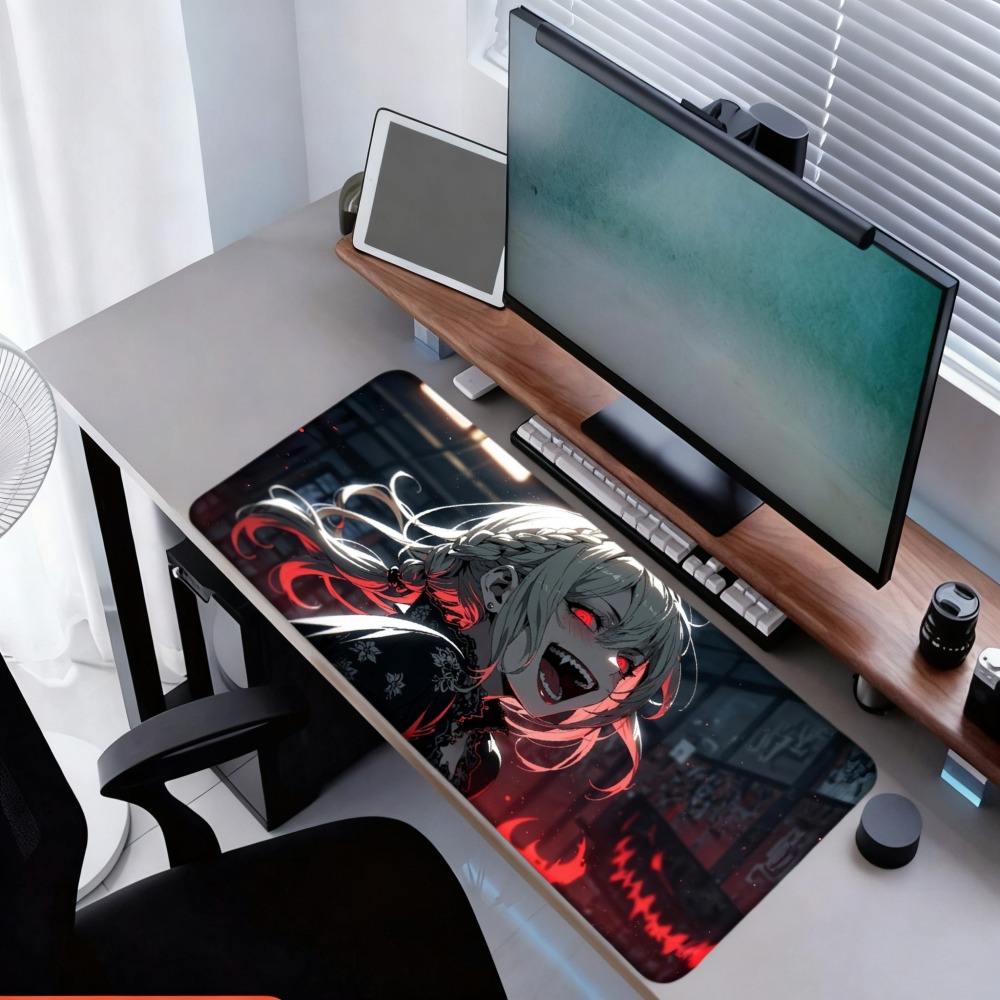 Desk Setup Simple - Een anime-meisje met rode vlammen en